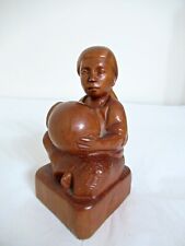 VTG MEXICAN HAND-CARVED WOOD FIGURE OF A SEATED WOMAN W/BOWL - SIGNED BY ARTIST picture