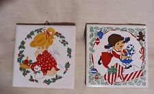 Vtg 1981 Jasco Ceramic 4.25” Tile Trivets Girl Praying Christmas Box Set of 2 picture