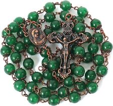 Green Jade Natural Stone Rosary Beads Necklace Holy Soil & Cross Crucifix picture