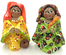 2 Handmade Mexican Clay Terracotta Woman Figurine Folk Art Painted Pottery Doll picture