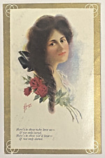 Vintage 1908 Postcard Beautiful Woman Roses Poem Artist Signed Gold Frame picture