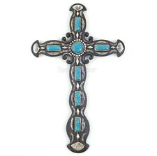 Western Turquoise Decorative Wall Cross Silver Accents Hand Painted Polyresin picture
