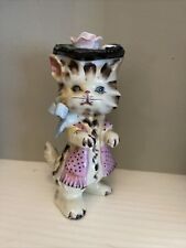 Fancy Lefton Porcelain Kitten Figurine Dressed Up Made In Japan Floral Hat + Bow picture