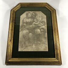 Madonna And Child Gold Framed Black & White Sketch Print Vintage Preowned picture