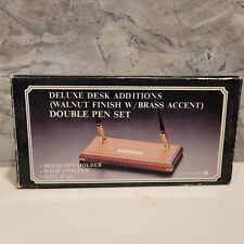 Vintage Solid Oak w/Brass Accent Desk Set Double Pen Holder NOS picture