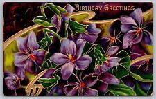 Birthday Greetings Purple Flower Gold Antique Embellished Postcard UNP WOB Note picture