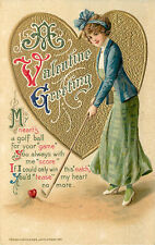 Embossed Winsch Schmucker Valentines Day Postcard Woman Golfs Heart W/ Golfball picture