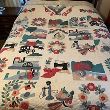 Vintage Applique Quilt, Depicting Early Americana, all Hand Stitched. 80