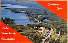 Lake Tomahawk Aerial View Greetings Wisconsin Vintage Postcard c1960 picture