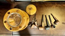 Vintage Lot of 6 Mixed Tobacco Smoking Pipes with A Wood Stand and Glass Humidor picture
