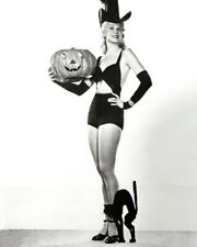 Adele Jergens posing with Halloween pumpkin & black cat sexy costume 8x10 Photo picture