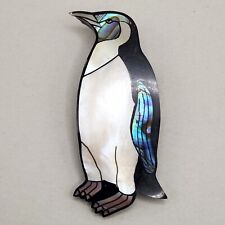 Vtg Penguin Brooch Abalone MOP Inlay Mother of Pearl Black Plastic Pin Read picture