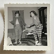 Vintage B&W Snapshot Photograph Adorable Teen Girls Dancing Plaid Pants picture