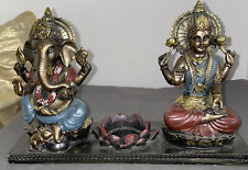 Lord Ganesha & Sri Krishna Seated With Lotus Flower Votive Candle Holder Statue picture