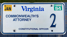 Expired 1994 Virginia Commonwealths Attorney License Plate #2 Va DMV Tag Vanity picture