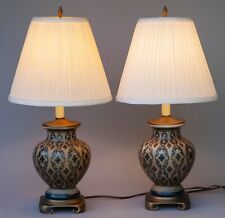 Pair of Blue & Beige Chinese Ceramic Lamps Brushed Bronze Base picture