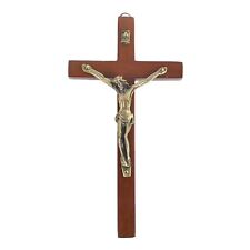 Vintage Wooden Metal Wall Cross Crucifix Holy Religious Carved Christ Brown picture