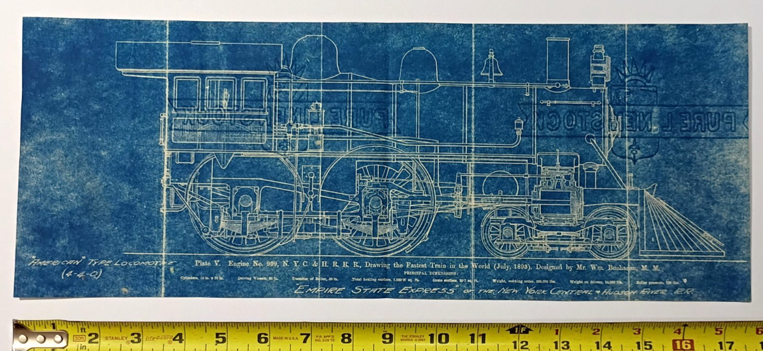 1893 NYC Engine 999 Empire State Express Locomotive Vintage Blueprint 4-4-0 1893 NYC Engine 999 Empire State Express Locomotive Vintage Blueprint 4-4-0