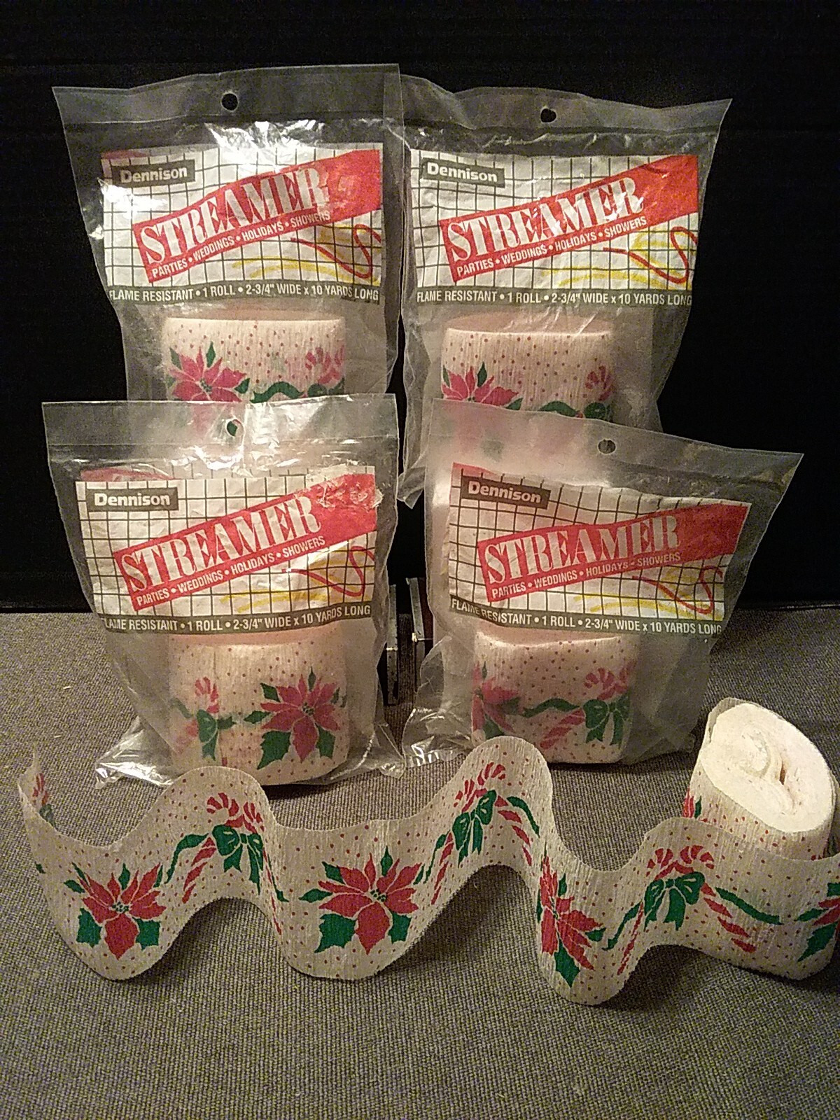 Vtg Dennison Christmas Poinsettia & Candy Cane Crepe Paper Streamers 30ft. 4pc Vtg Dennison Christmas Poinsettia & Candy Cane Crepe Paper Streamers 30ft. 4pc