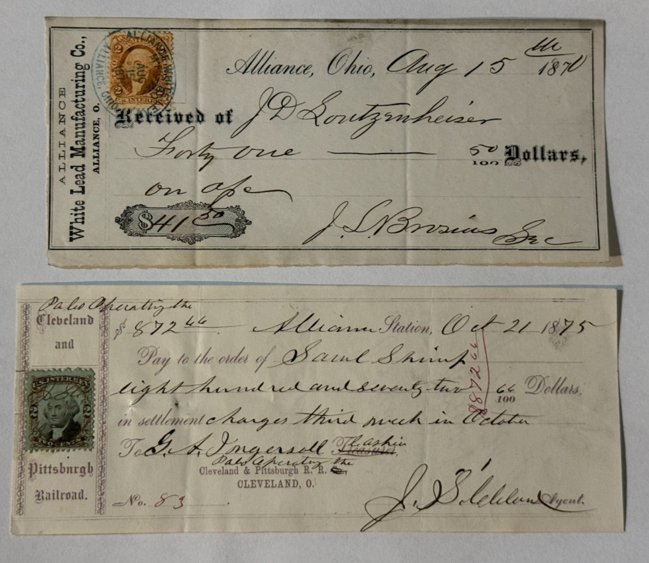 Vintage RARE - 1870 & 1870 Receipts - Alliance, OH, White Land Manufacturing Co. Vintage RARE - 1870 & 1870 Receipts - Alliance, OH, White Land Manufacturing Co.