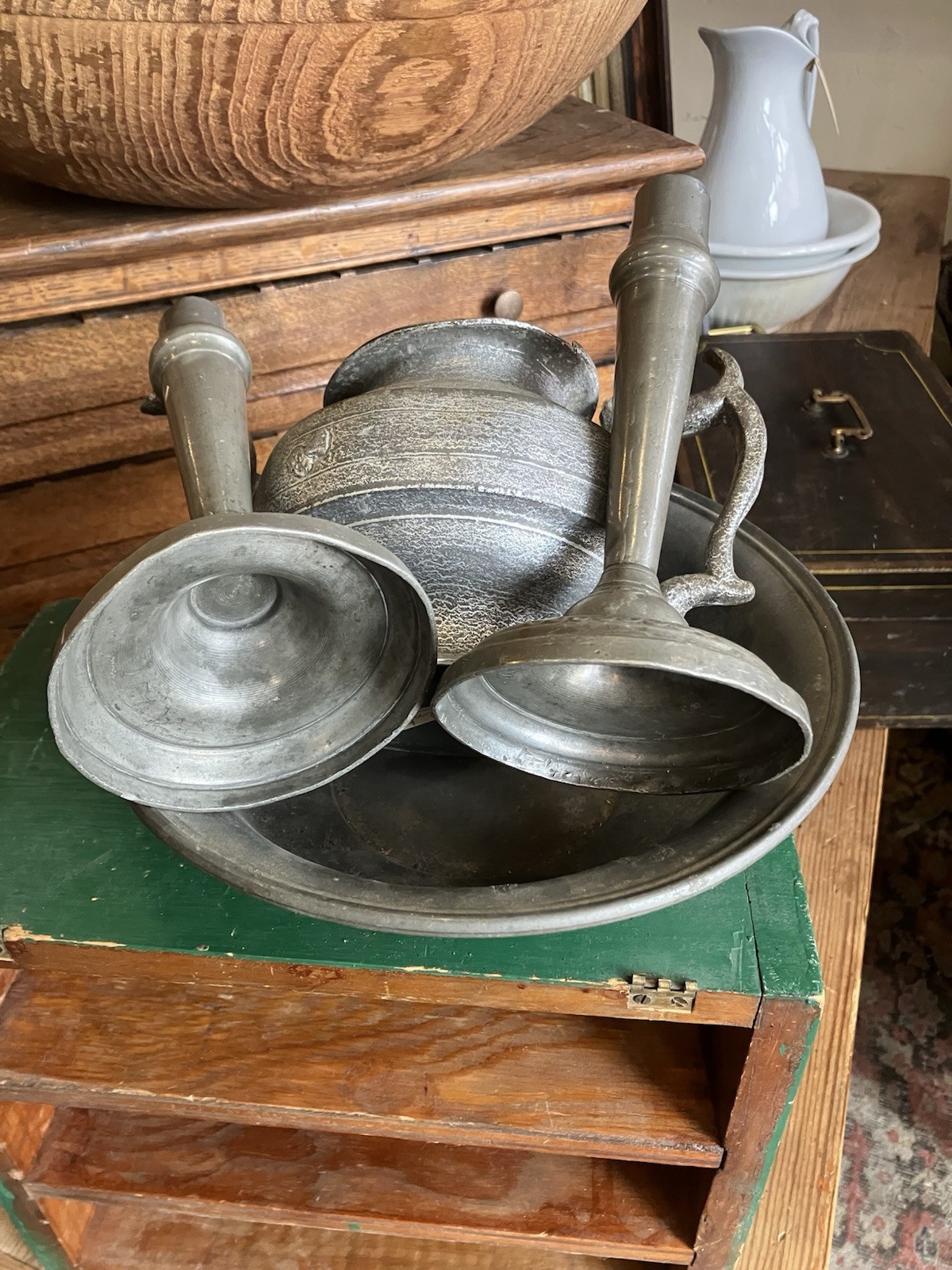 LOT Antique Early Pewter Bowl Basin Candlesticks Tea Pot Country Primitive 4 PCs