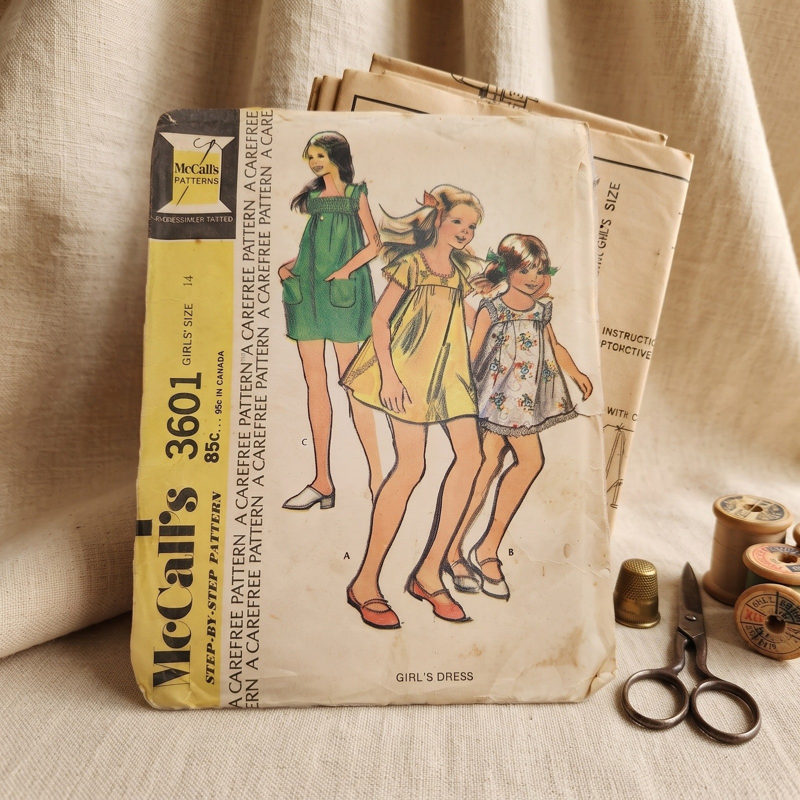 Vintage 1973 McCalls 3601 Girls Smock Dress Sewing Pattern Cape Sleeves Size 14
