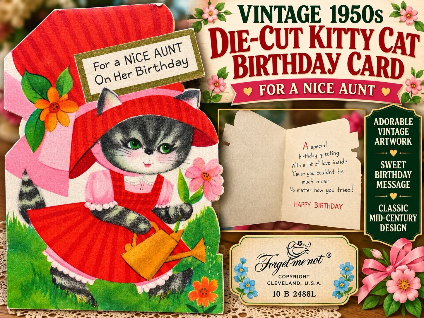 Vintage 1950s American Greetings Forget Me Not Kitty Cat Sunbonnet Flowers Aunt Vintage 1950s American Greetings Forget Me Not Kitty Cat Sunbonnet Flowers Aunt