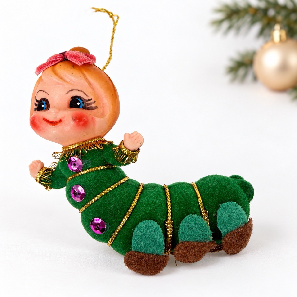 Vintage 1960s Green Flocked Anthropomorphic Pixie Caterpillar Christmas Ornament Vintage 1960s Green Flocked Anthropomorphic Pixie Caterpillar Christmas Ornament