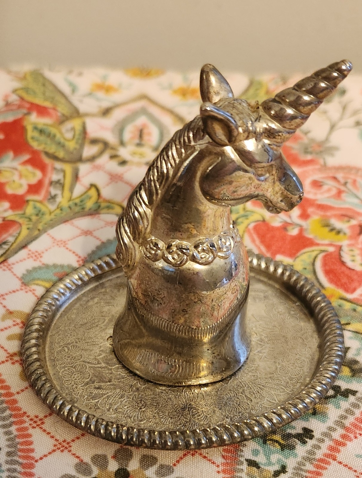 Vintage Unicorn Silver Plate Ring Holder Trinket Dish Jewelry Keys Fantasy