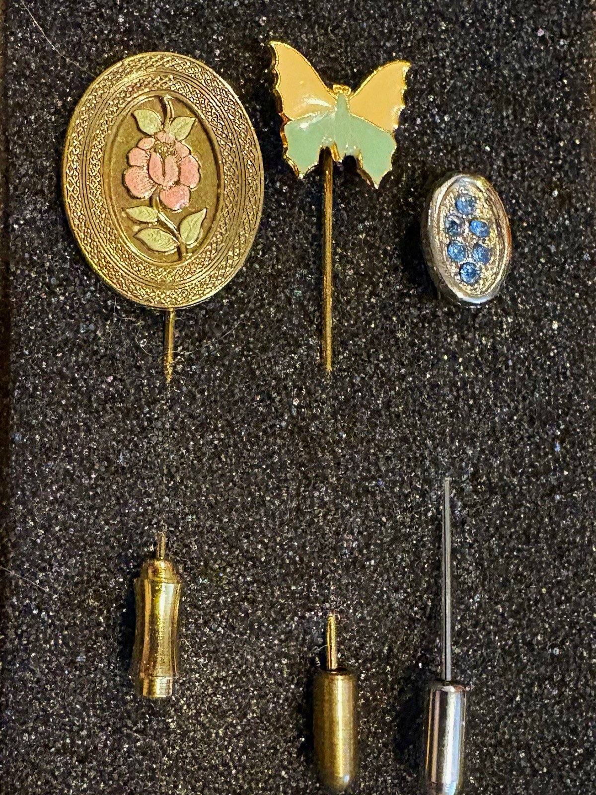 Lot of 3 Vintage Stick Lapel Pins Flower Enamel Butterfly Blue Rhinestone Caps Lot of 3 Vintage Stick Lapel Pins Flower Enamel Butterfly Blue Rhinestone Caps