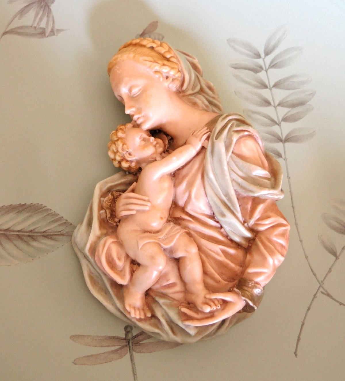 Vintage Collectible  Hand Painted Madonna and Child Wall Hanging Resin Plaque  
