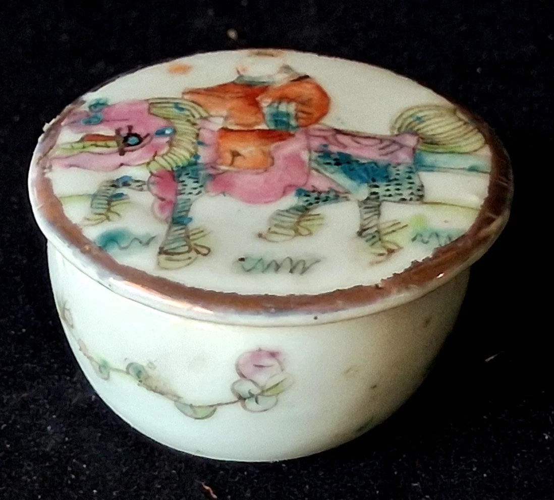 Antique Chinese Porcelain Rose Ink Box Lid - Hand Painted Vintage Qilin Warrior Antique Chinese Porcelain Rose Ink Box Lid - Hand Painted Vintage Qilin Warrior