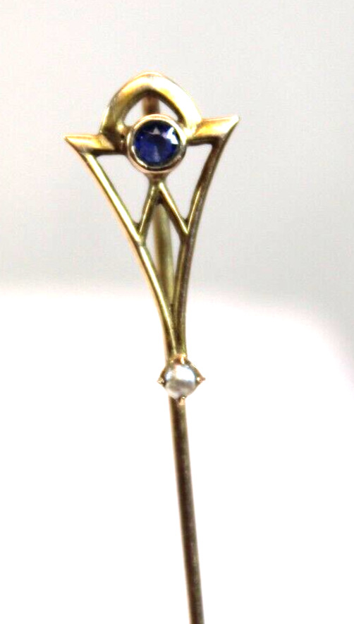 ANT 10K (marked) Gold Stickpin w Sapphire & River Pearl very delicate Victorian ANT 10K (marked) Gold Stickpin w Sapphire & River Pearl very delicate Victorian