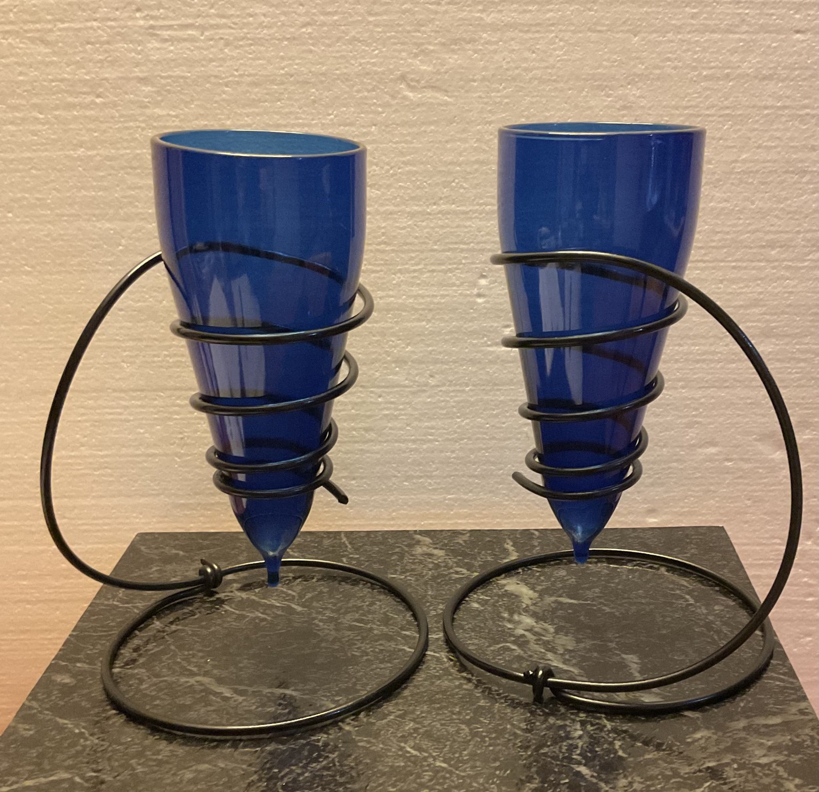 Vintage Cobalt Blue Glass Vases Candle Holders Wrought Iron Spiral Stands Pair Vintage Cobalt Blue Glass Vases Candle Holders Wrought Iron Spiral Stands Pair
