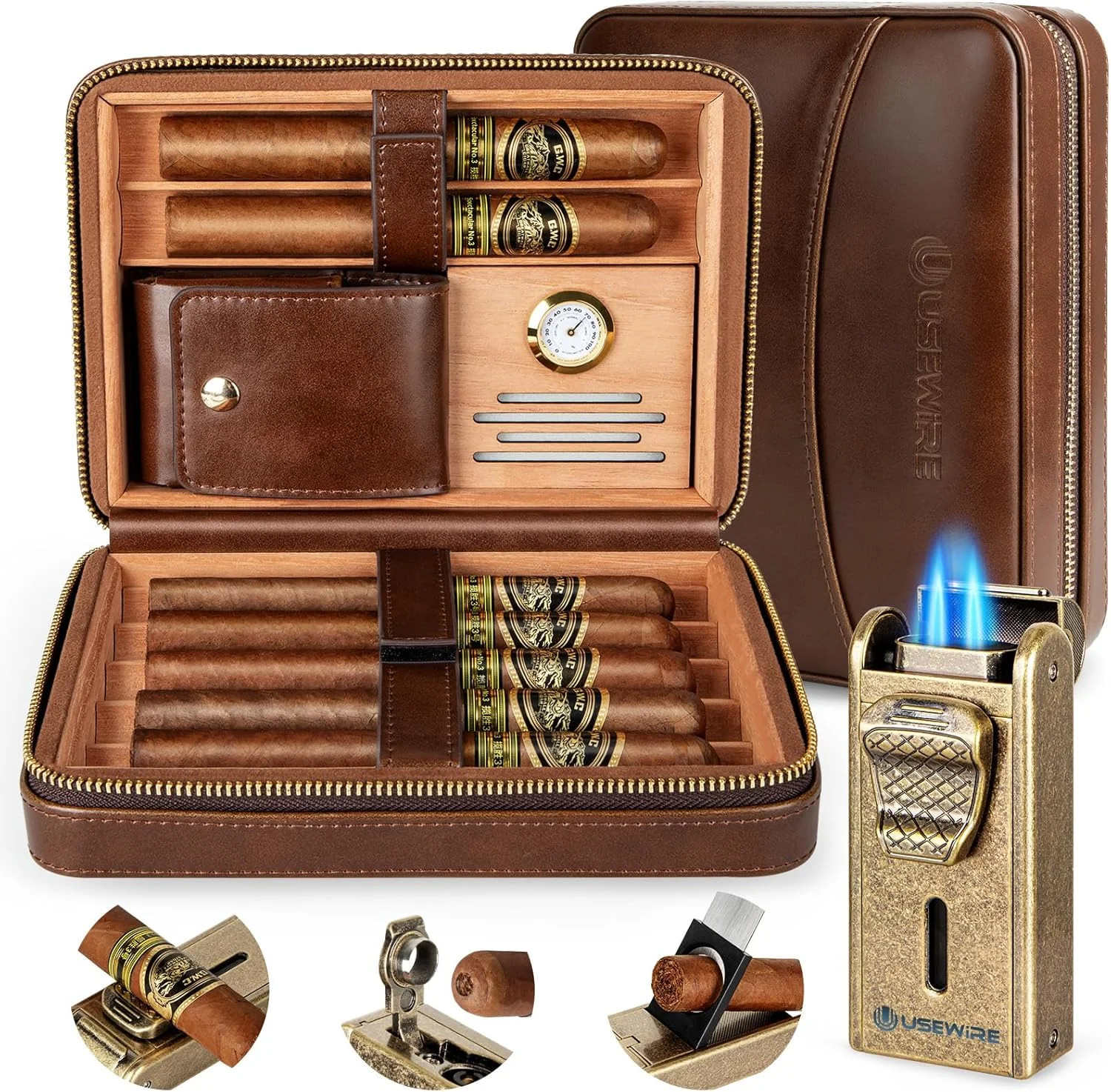 Leather Cedar Wood Cigar Humidor Case Set with Lighter Travel Accessory Leather Cedar Wood Cigar Humidor Case Set with Lighter Travel Accessory