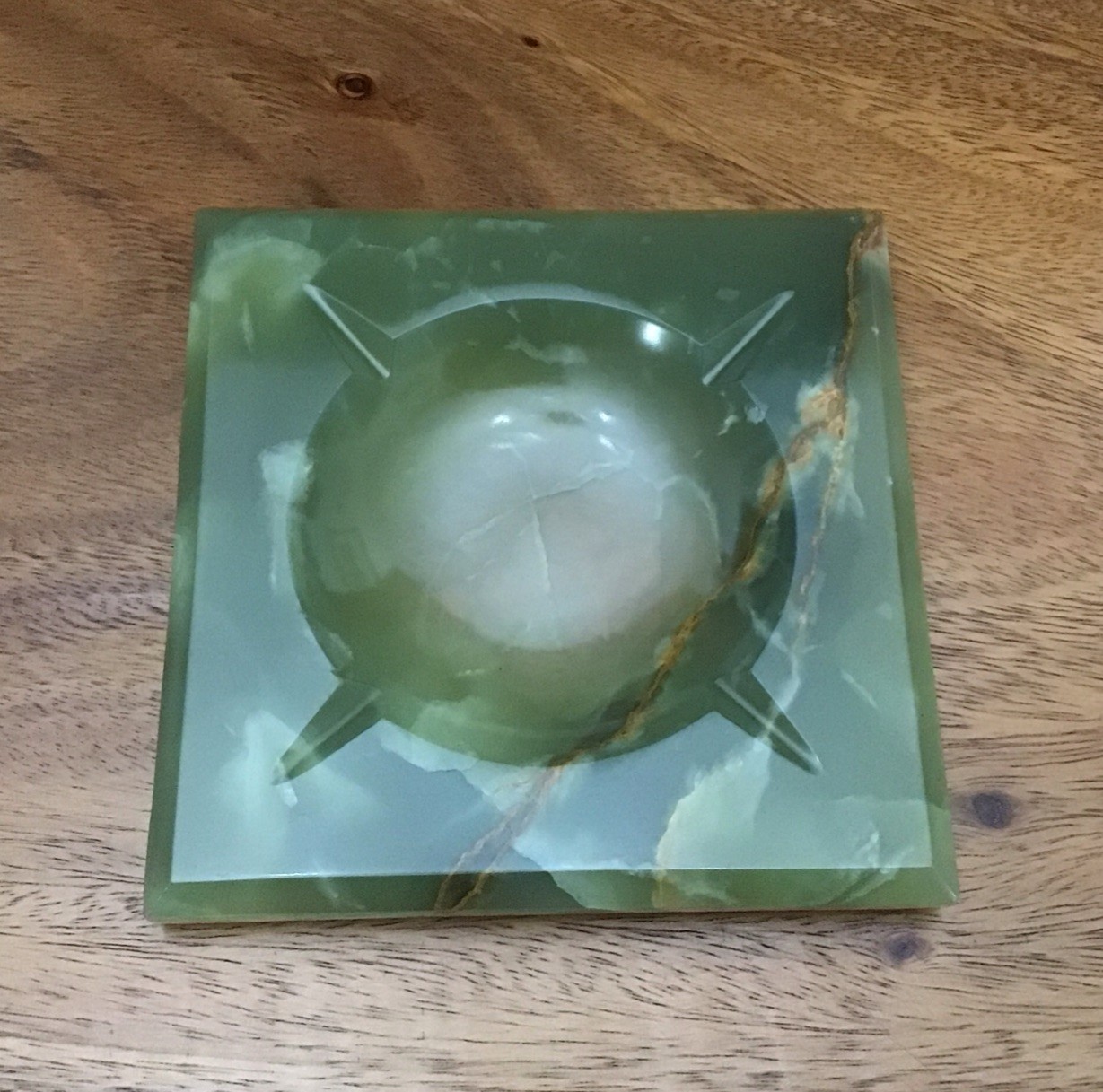 MCM Polished Stone Lime Green Onyx Aragonite Square Ash Tray Trinket Dish 6”Rare