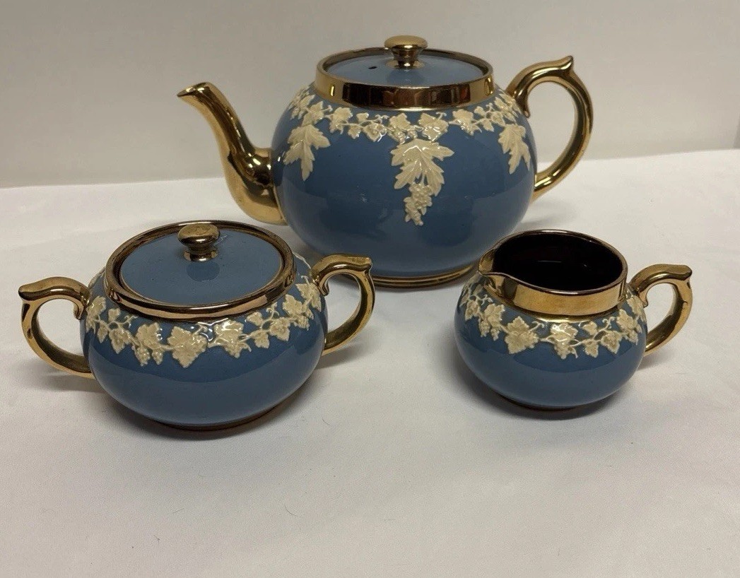 Vintage Staffordshire England Blue Tea Set With Grapes And Leaves
