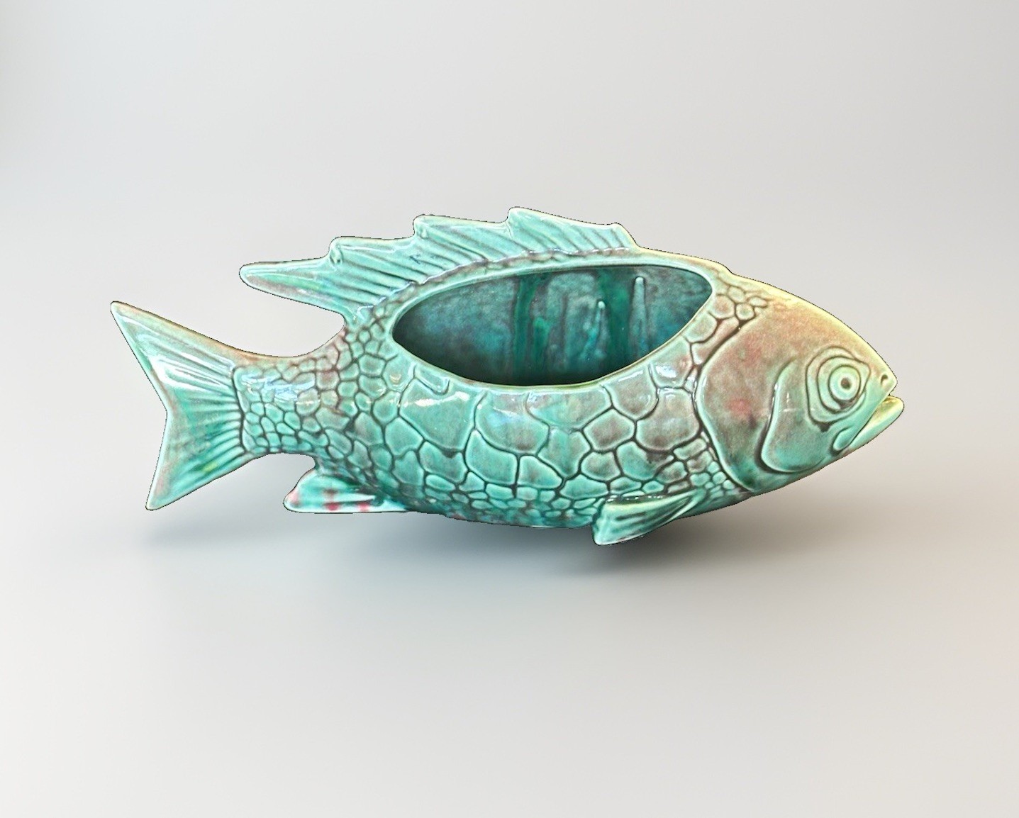 Vintage Ceramic Fish Planter Decor Majolica Style Turquoise Pottery Ocean Theme