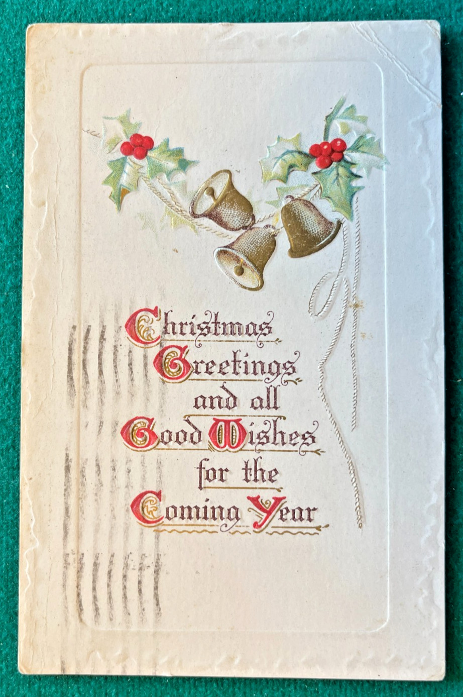 1914 Embossed Christmas Postcard Bells Holly Greetings Good Wishes Posted 1914 Embossed Christmas Postcard Bells Holly Greetings Good Wishes Posted