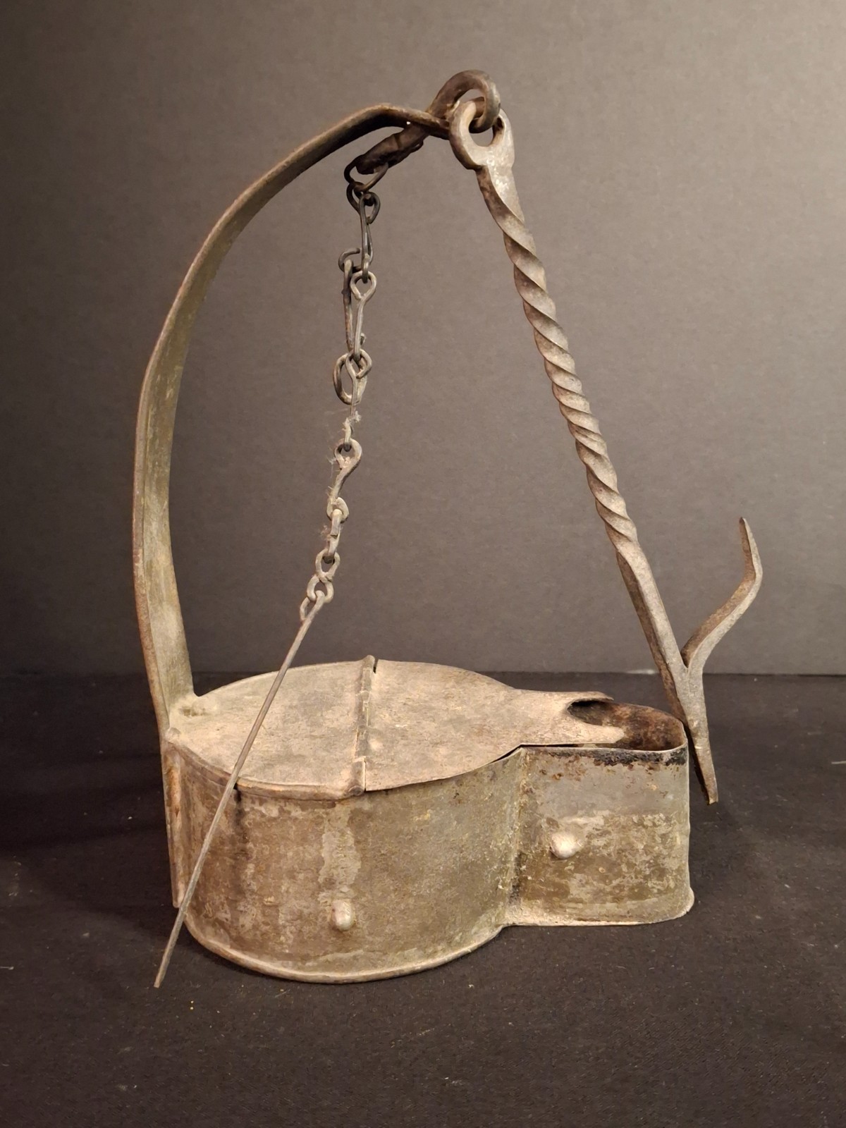Large Antique Colonial Tin Betty Lamp Wrought Iron Twist Hook Wick Pick C 1820 Large Antique Colonial Tin Betty Lamp Wrought Iron Twist Hook Wick Pick C 1820