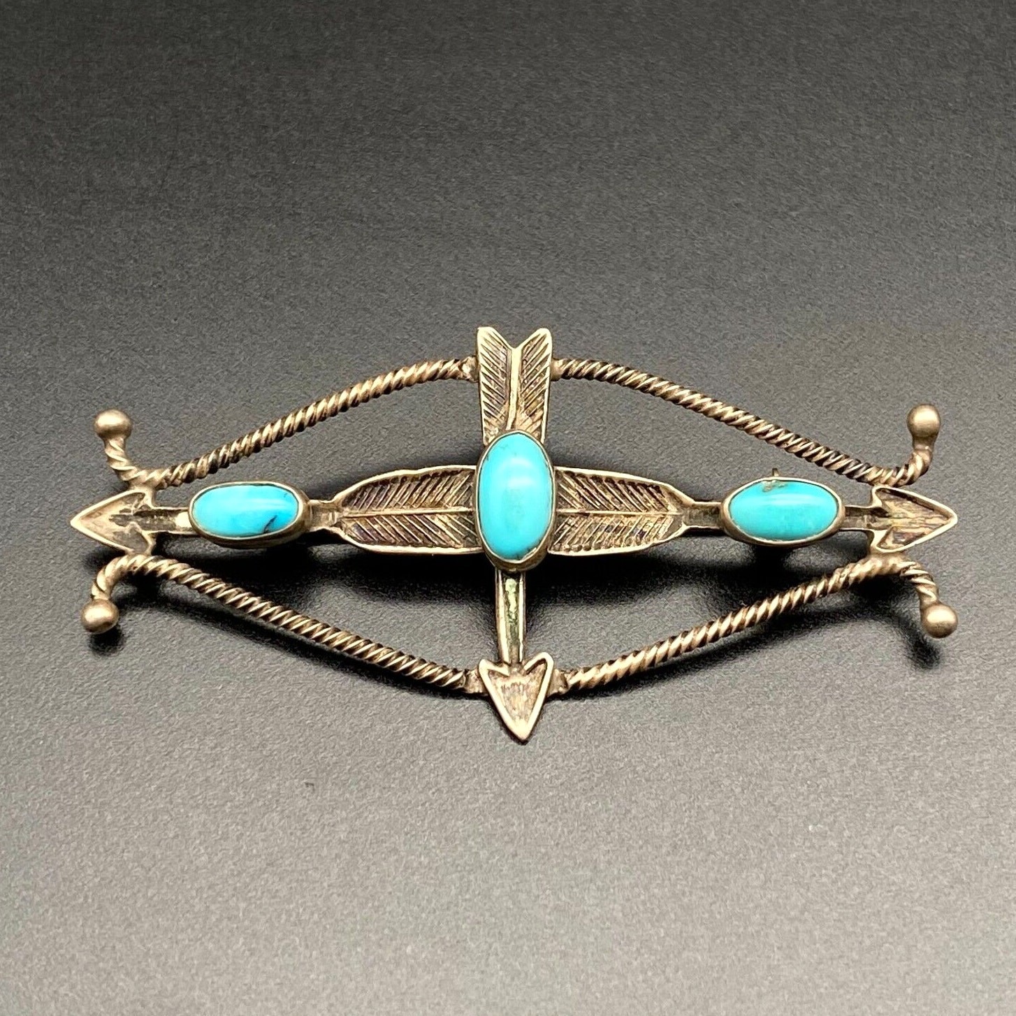 Vintage Navajo Native Turquoise Hand Stampwork Arrow Twist Silver Brooch Pin Vintage Navajo Native Turquoise Hand Stampwork Arrow Twist Silver Brooch Pin
