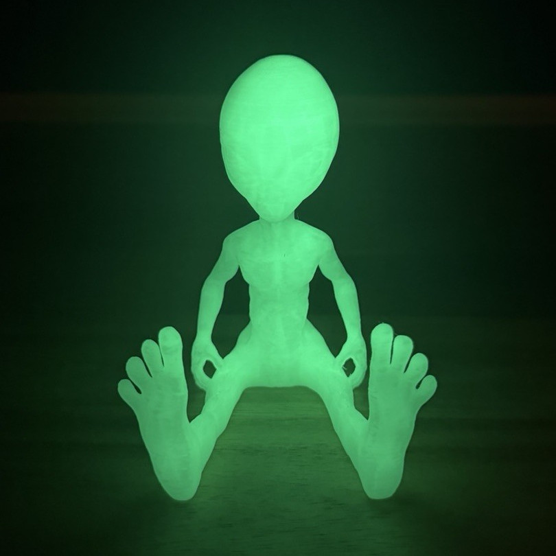 Glow-in-the-Dark Alien Figure, Green 3D Printed Collectible, Sitting Pose