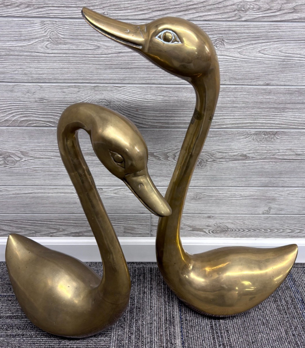 Vintage Large Brass Swan Pair 26" & 22" Made in Korea Mid Century Decor