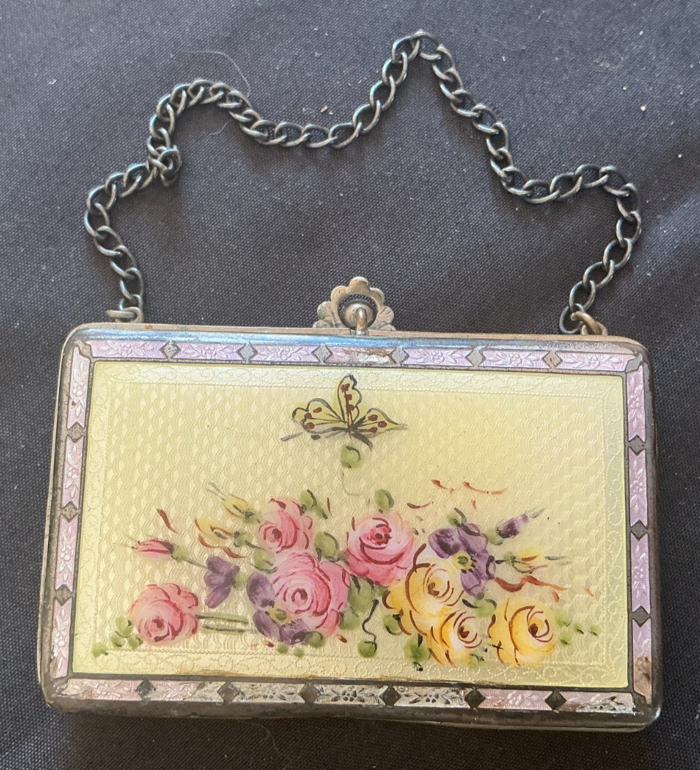 Antique Guilloche Enamel Compact Dance Purse Hand Painted Floral Butterfly Chain Antique Guilloche Enamel Compact Dance Purse Hand Painted Floral Butterfly Chain