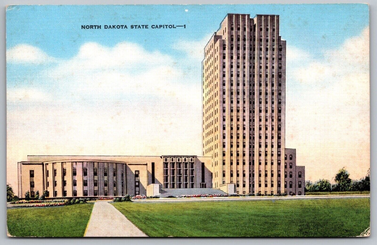 North Dakota State Capitol Government Building Flower Garden Vintage Postcard