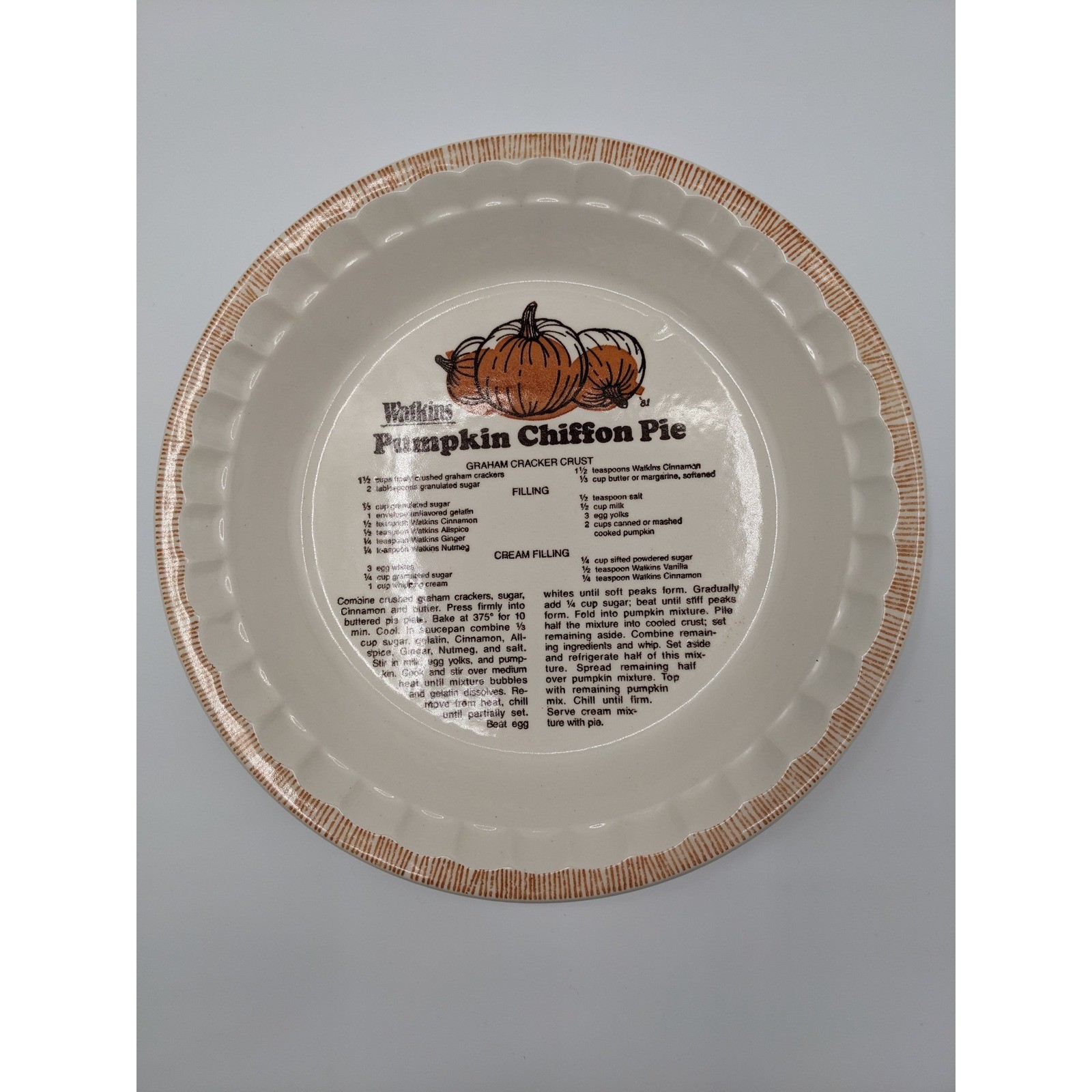 Vintage 1981 Watkins Pumpkin Chiffon Pie Recipe Plate Dish Fluted Stoneware 11" Vintage 1981 Watkins Pumpkin Chiffon Pie Recipe Plate Dish Fluted Stoneware 11"