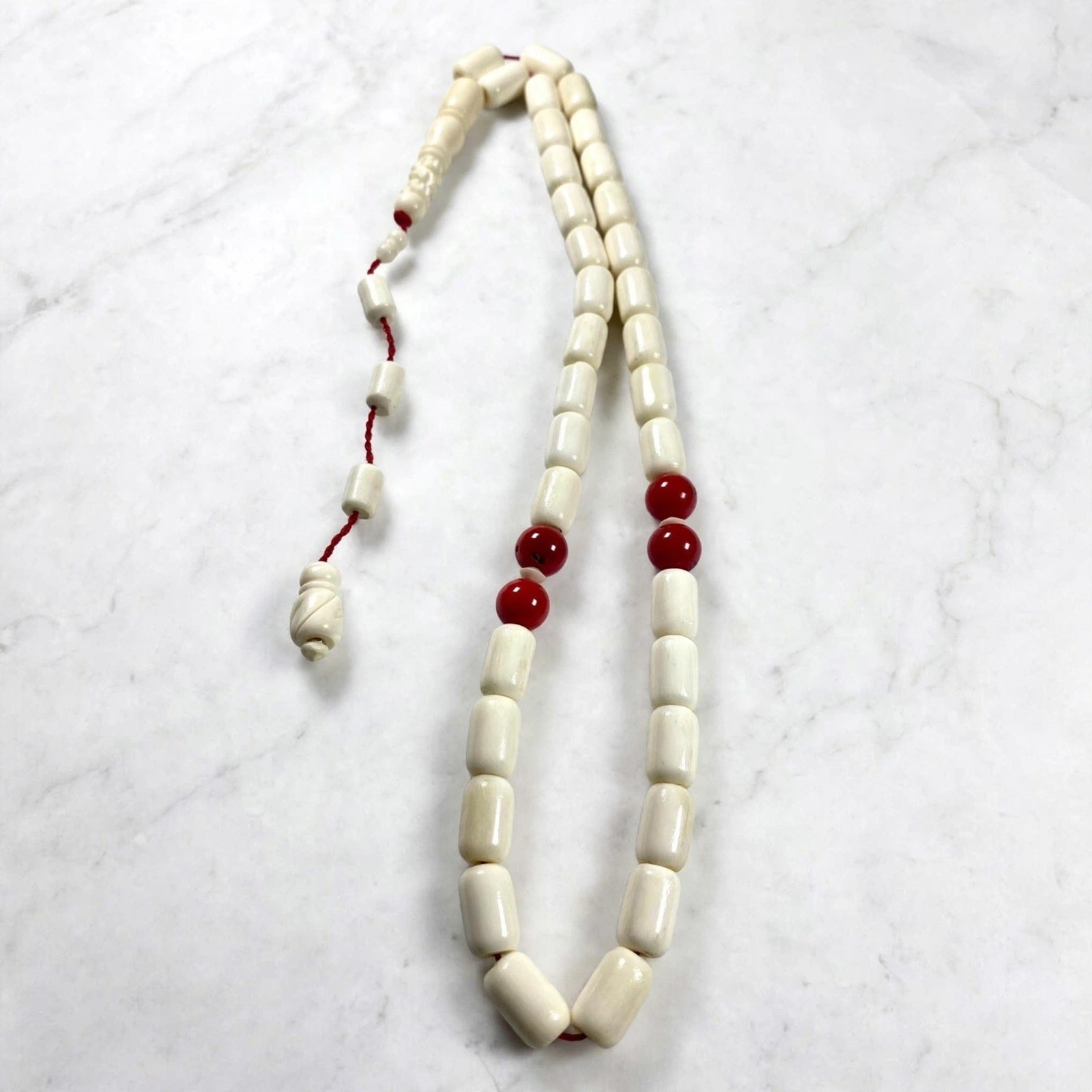 Antique Ottoman Camel Bone Tesbih 33 Beads 13.5mm Red Coral Misbaha 56g Antique Ottoman Camel Bone Tesbih 33 Beads 13.5mm Red Coral Misbaha 56g