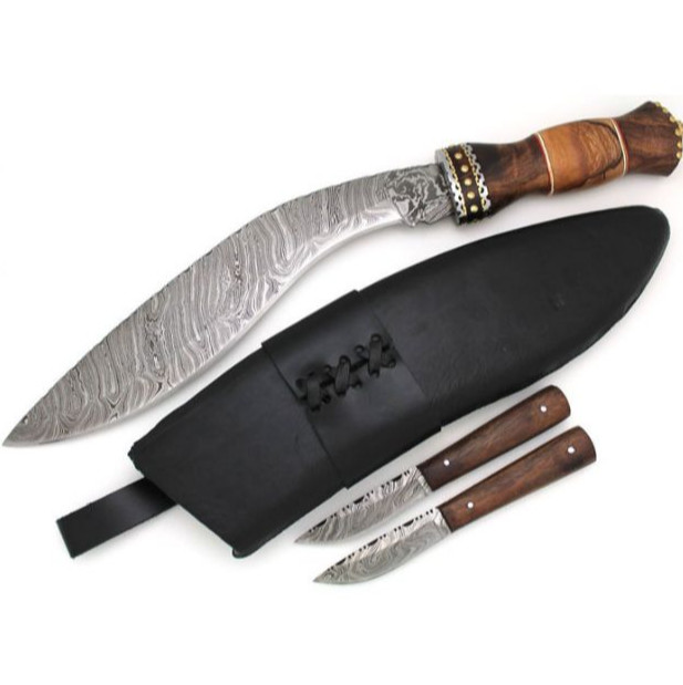 3 PC Wild Turkey Handmade Damascus Steel Rose Wood Handle Gurkha Kukri Knife(s) 3 PC Wild Turkey Handmade Damascus Steel Rose Wood Handle Gurkha Kukri Knife(s)