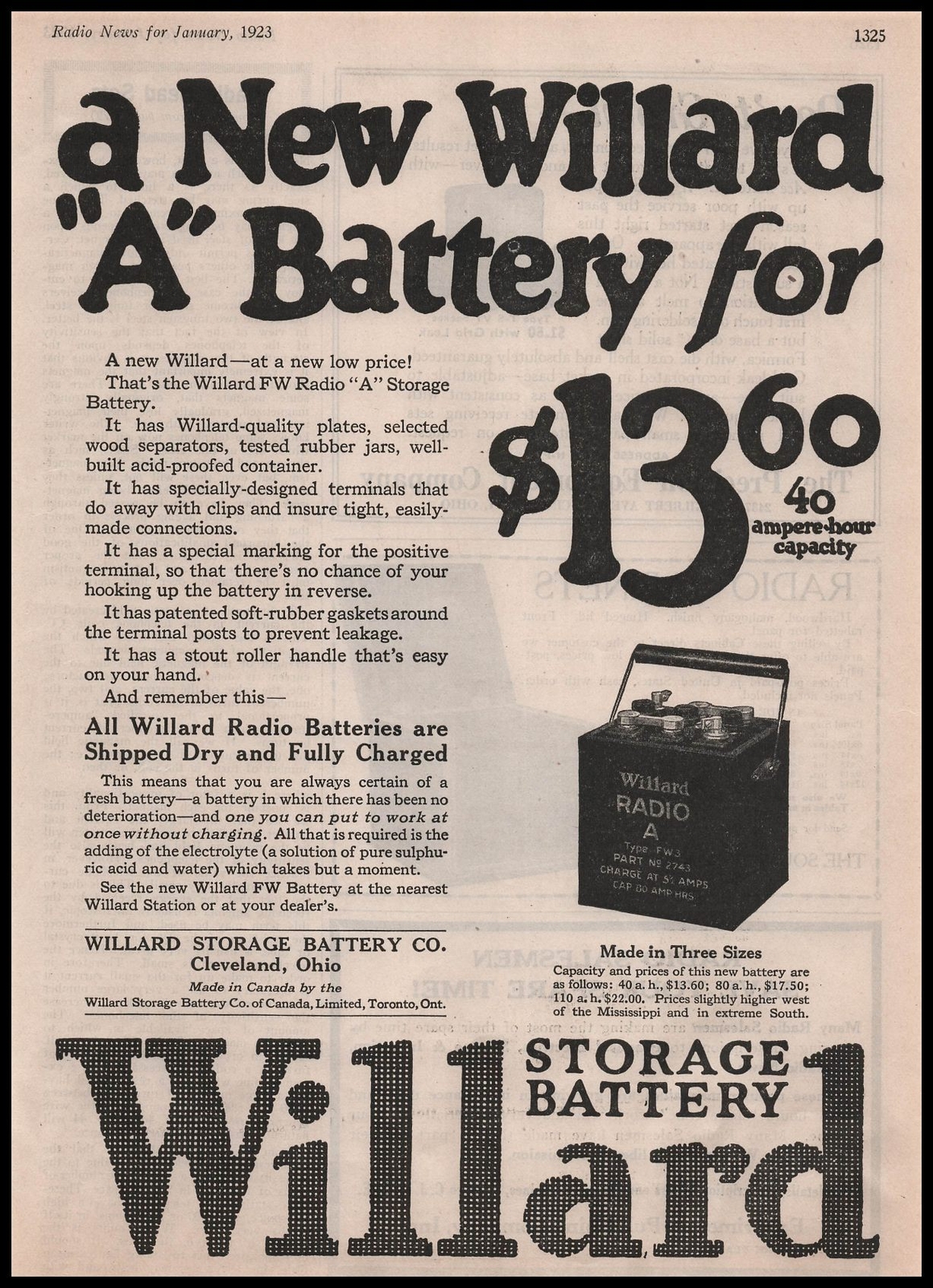 1923 Willard Storage Battery Cleveland Ohio 40 Amp Radio $13.60 Vintage Print Ad 1923 Willard Storage Battery Cleveland Ohio 40 Amp Radio $13.60 Vintage Print Ad