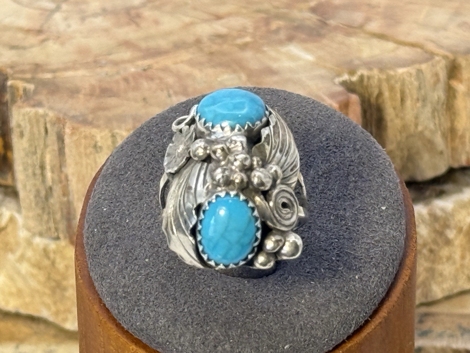 Vintage Lorenzo Livingston Navajo Sterling Turquoise Blossom Ring sz 5.5--971.26 Vintage Lorenzo Livingston Navajo Sterling Turquoise Blossom Ring sz 5.5--971.26